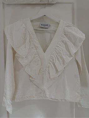Rosae Paris White Ruffle V-Neck Women's Blouse